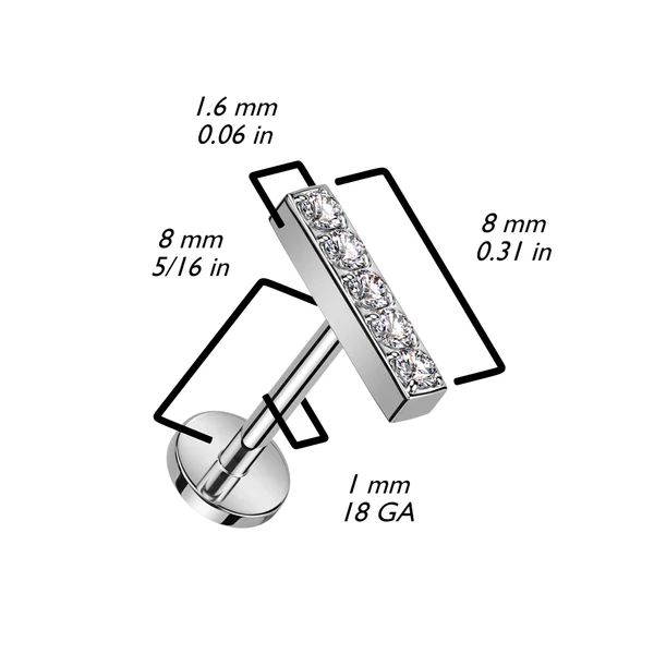 Ezüst Színű Téglalap Alakú Titánium Egyenesszárú Labret Piercing Apró Cirkónia Kövekkel