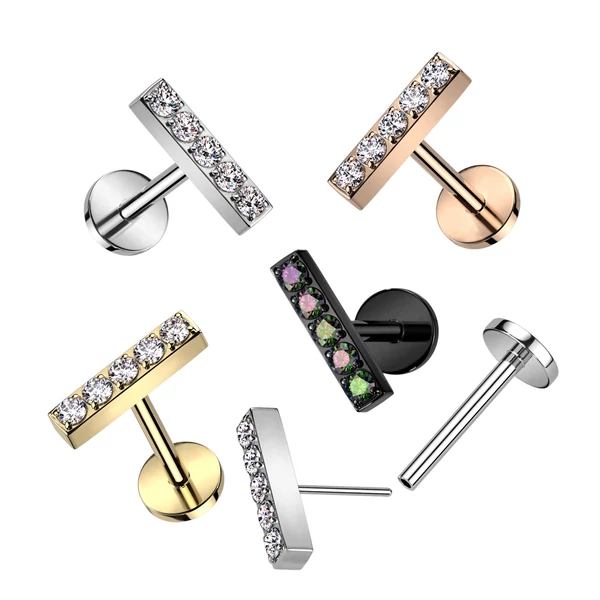 Fekete Színű Téglalap Alakú Titánium Egyenesszárú Labret Piercing Apró Cirkónia Kövekkel