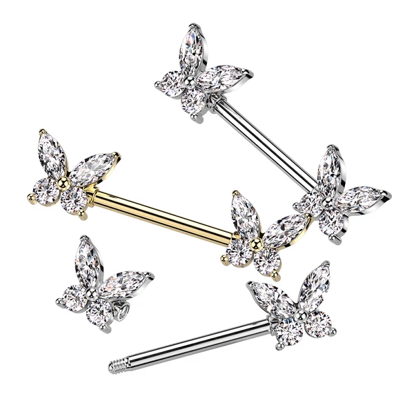 Arany Színű 316L Orvosi Acél Fehér Cirkónia Kővel Díszített Pillangó Mintás Mell Barbell Piercing