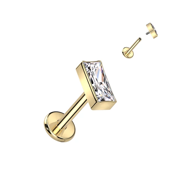 Arany Színű Téglalap Alakú Titánium Egyenesszárú Labret Piercing Fehér Cirkónia Kővel