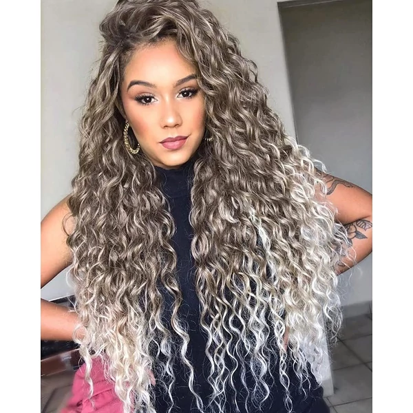 Platinum ombre göndör szintetikus lace front paróka 65cm