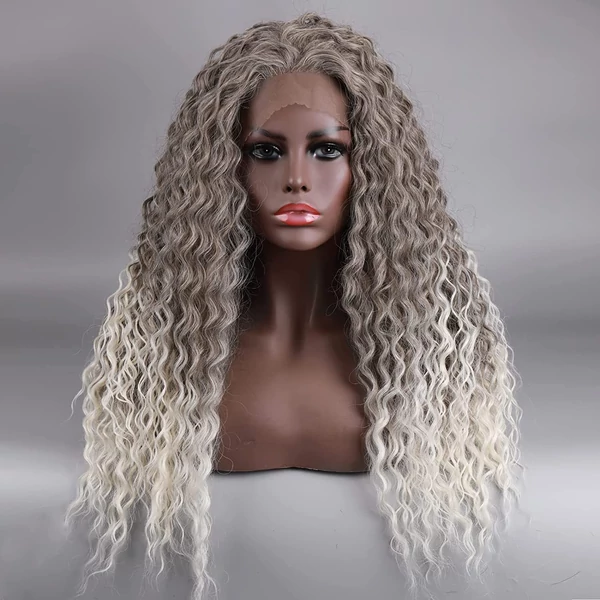 Platinum ombre göndör szintetikus lace front paróka 65cm