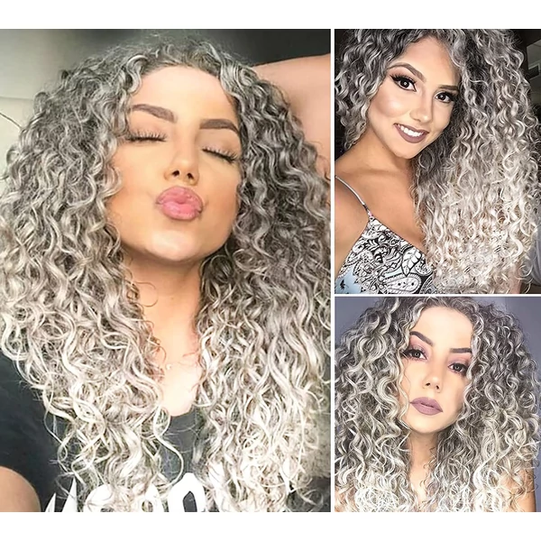 Platinum ombre göndör szintetikus lace front paróka 65cm