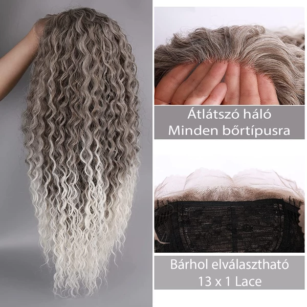 Platinum ombre göndör szintetikus lace front paróka 65cm