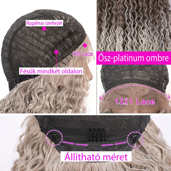 Platinum ombre göndör szintetikus lace front paróka 65cm