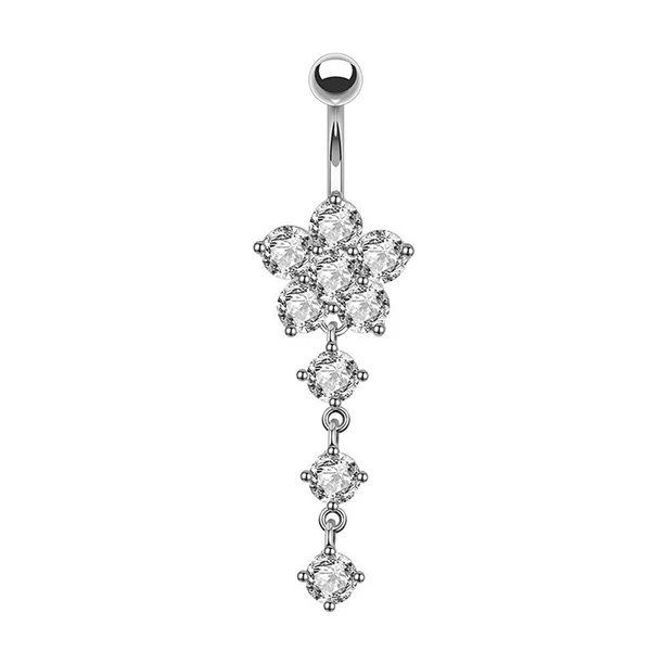 Ezüst Színű Virág Alakú Lógós Cirkónia Köves Köldök Piercing