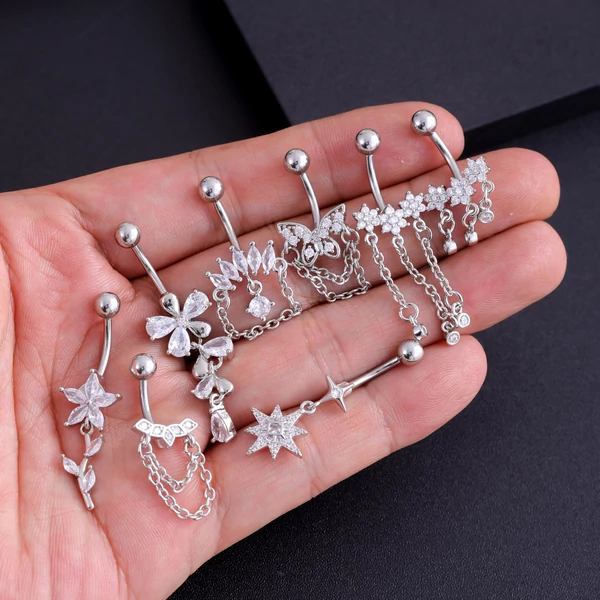 A & ONE Ezüst Színű 316L Orvosi Acél Virág Alakú Lógós Köldök Piercing