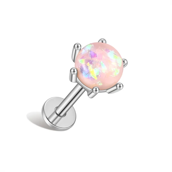 316L Orvosi Acél Push-in Labret Piercing Rózsaszín Kővel