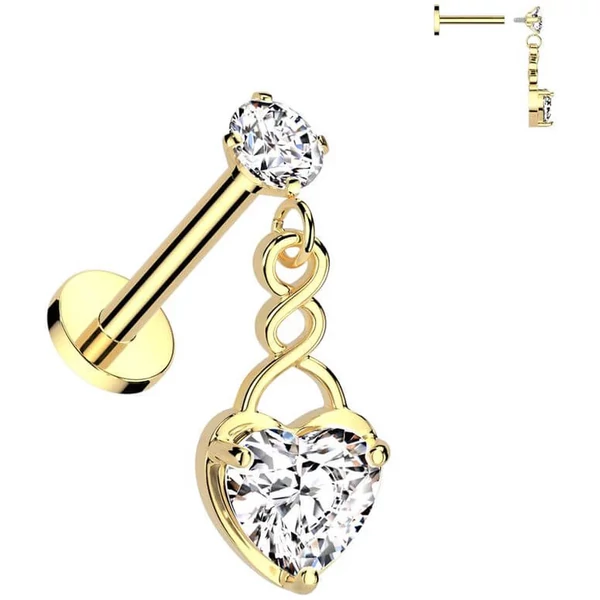 Arany Színű Push-in Labret Piercing Szív Medállal Cirkónia Kővel