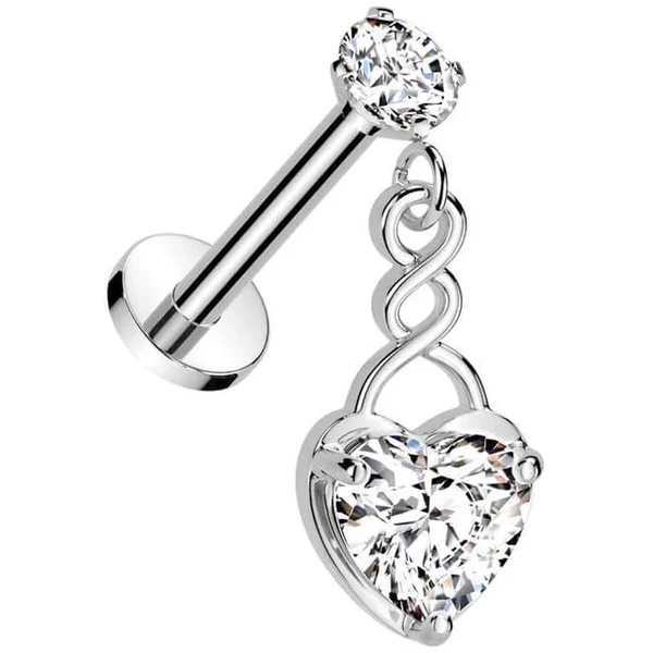 Ezüst Színű Push-in Labret Piercing Szív Medállal Cirkónia Kővel