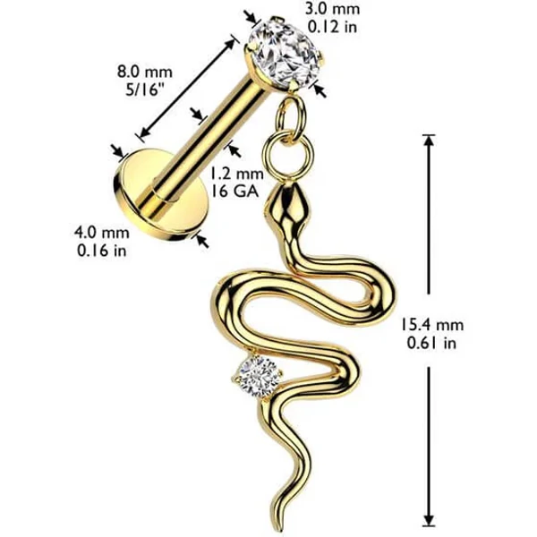 Arany Színű Push-in Labret Piercing Kígyó Medállal Cirkónia Kővel