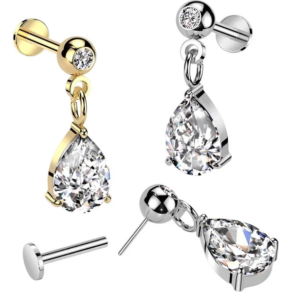 Ezüst Színű Csepp Alakú Push-in Labret Piercing Cirkónia Kővel