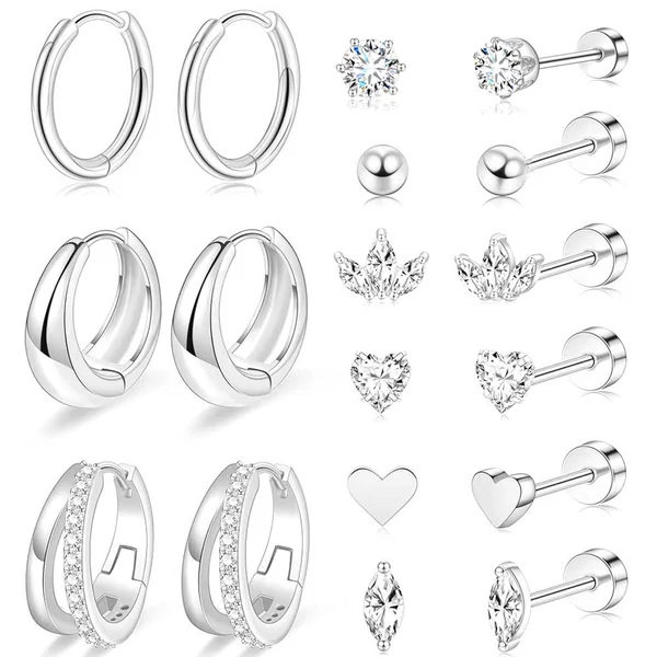 A & ONE Ezüst Színű 316L Piercing Szett Cirkónia Kővel - 9 pár