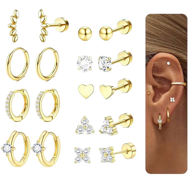 Arany Színű 316L Piercing Szett - 9 pár