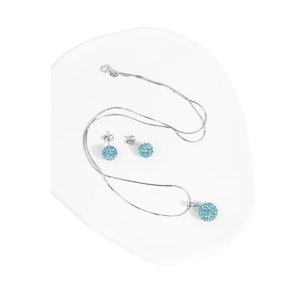 A & ONE S925 Ezüst Gömb Fülbevaló És Nyaklánc Szett Világoskék Swarovski® Kövekkel